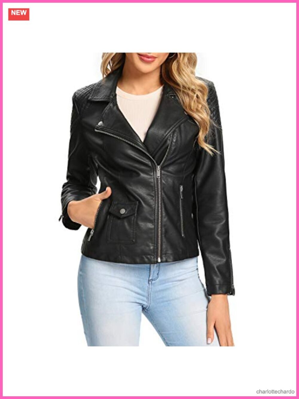 Faux Leather Moto Biker Jacket Quilted Zip Up Womens Outwear